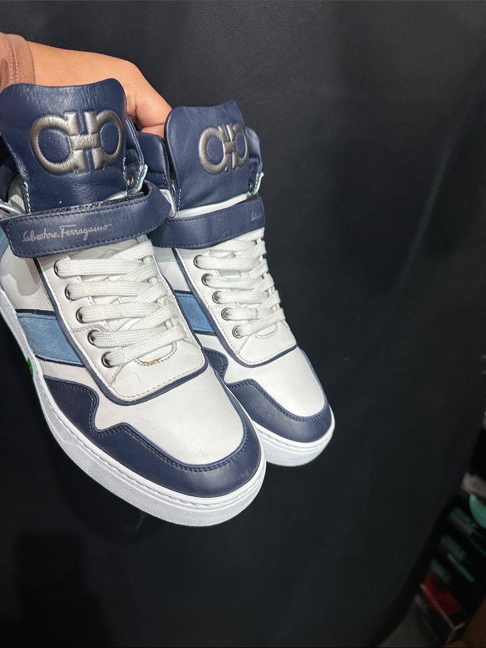 Salvatore Ferragamo Navy and White High-Top Sneakers